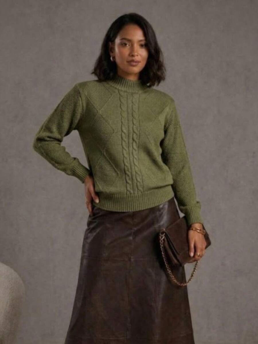 Women's Modal Knit Winter Blouse With Braided High Neck, Modern Style - 軍綠色 - 查看 1