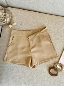 Pantalones cortos casuales de mujer de unicolor simple con bolsillo - Caqui - Ver 4