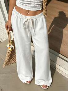 Plus Size Women Summer Casual Loose Solid Color Wide Leg Pants White - White - View 6