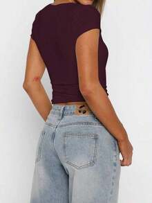 Blusa ajustada y sexy de punto para mujer , camiseta casual de cuello cuadrado de unicolor, primavera/verano - Morado - Ver 5