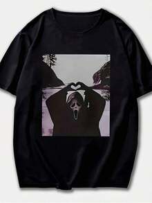 1 Pieza Moda Informal Para Hombres Y Mujer Primavera/Verano/Otoño Camiseta casual minimalista de talla grande para mujer con estampado de manera de fantasma gritando y diseño de Gesto de mano es forma de corazón, adecuada para uso casual al aire libre es primavera, verano y otoño, color El negro es versátil, fácil de combinar, adecuado para el uso diario, el estilo urbano, los conjuntos de vacaciones y la ropa de fin de semana. - Negro - Ver 7