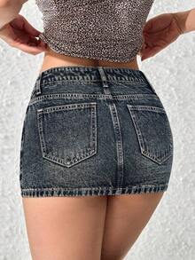 Falda vaquera corta casual de mujer con decoración de bolsillo y silueta ajustada - Azul 3 - Ver 2