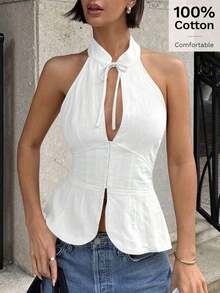 Chaleco para mujer con moño, recorte y diseño hueco, ajuste slim, para salidas diarias - Blanco - Ver 7