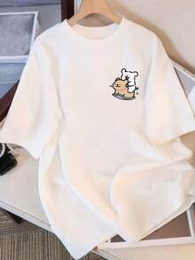 Women's 100% Pure Cotton T-Shirt With A Cute New Print, Summer Short Sleeve T-Shirt, Casual Retro Style, Versatile For Teens And Students, Women's Cartoon Design Short Sleeve Top. - 白色 - 查看 1