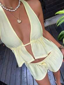SunnyBelle Top sin espalda con escote profundo en V de cuello halter a rayas azul y blanco de lino, y shorts casuales sueltos con cordón a la cintura, conjunto veraniego sexy, lindo, elegante y romántico para mujer - Amarillo 2 - Ver 8