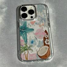 1pc Coconut Starfish Floral Metal Frame Transparent TPU Shockproof Soft Case, High Quality Suitable For Apple Models 17/17Pro/17Promax/16/16Plus/16Pro/16ProMax/15/15Plus/15ProMax/14/14Plus/14Pro/14ProMax, 13/13Pro/13ProMax, 12/12Pro/12ProMax, 11/11Pro Max - Multicolor - View 1