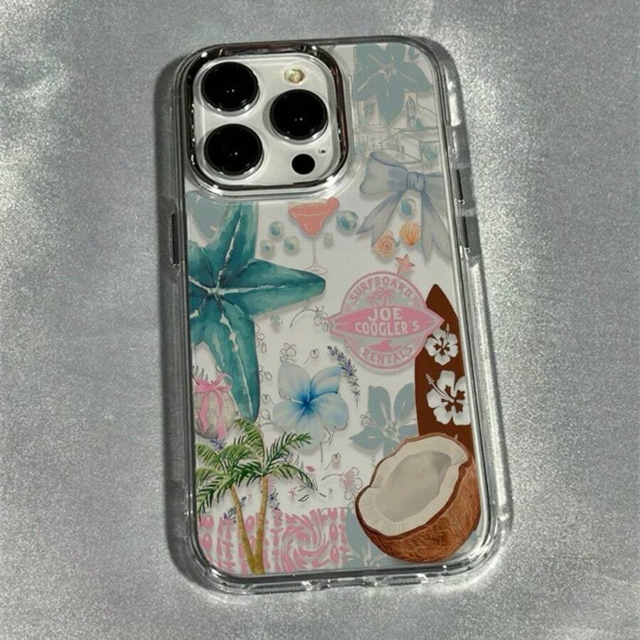 1pc Coconut Starfish Floral Metal Frame Transparent TPU Shockproof Soft Case, High Quality Suitable For Apple Models 17/17Pro/17Promax/16/16Plus/16Pro/16ProMax/15/15Plus/15ProMax/14/14Plus/14Pro/14ProMax, 13/13Pro/13ProMax, 12/12Pro/12ProMax, 11/11Pro Max - Multicolor - View 1
