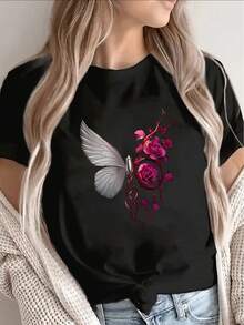 Camiseta de manga corta 100% algodón suave con diseño de mariposa y rosa, ligera y duradera, perfecta para uso casual en casa, en un café o en actividades al aire libre, ajuste cómodo para uso diario. Camiseta de algodón transpirable, combina con todo. - Negro - Ver 1