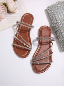 Giày sandal đế bằng một mảnh kiểu dáng châu Âu và Mỹ sọc chéo đính đá pha lê, quai thun, kiểu dáng mới mùa hè dành cho nữ. - màu nâu - Xem 7