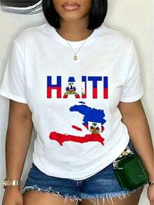 Ropa de mujer suave y holgada a la moda, blusa estampada de manga corta con diseño tipográfico de la bandera y mapa de Haití, ropa casual diaria, deportiva y de vacaciones para mujer, blusas elegantes dama. - Blanco - Ver 1