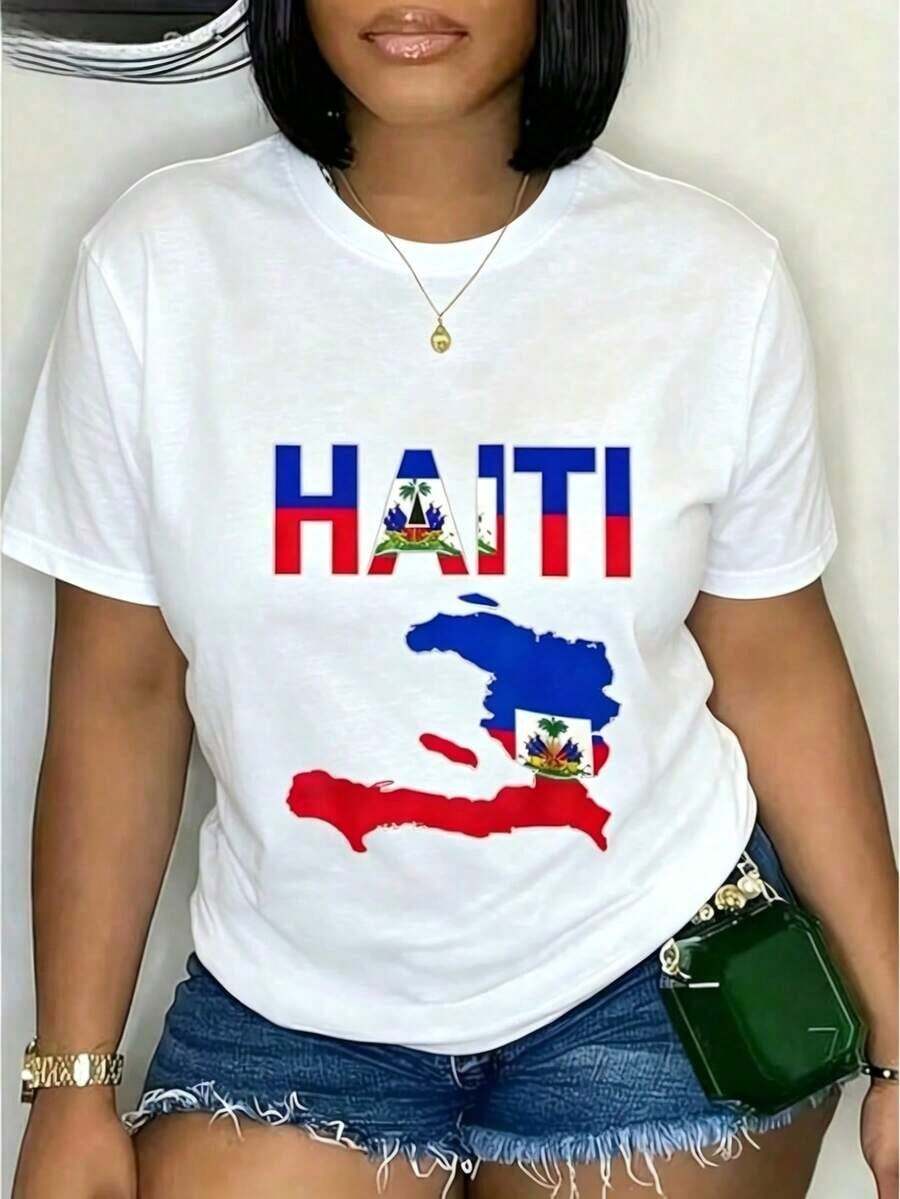 Ropa de mujer suave y holgada a la moda, blusa estampada de manga corta con diseño tipográfico de la bandera y mapa de Haití, ropa casual diaria, deportiva y de vacaciones para mujer, blusas elegantes dama. - Blanco - Ver 1