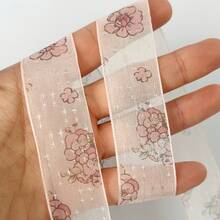 2 Yards Floral Print Sheer Organza Ribbon, Wedding Bouquet Decoration Satin Ribbon, Suitable For Handmade Hair Accessories, Bows, Straw Hats And Gift Box Packaging, Clothing Gift Packaging, Sewing Crafts, Floral Arrangement, Bow Tie Ribbon - Pink - View 3