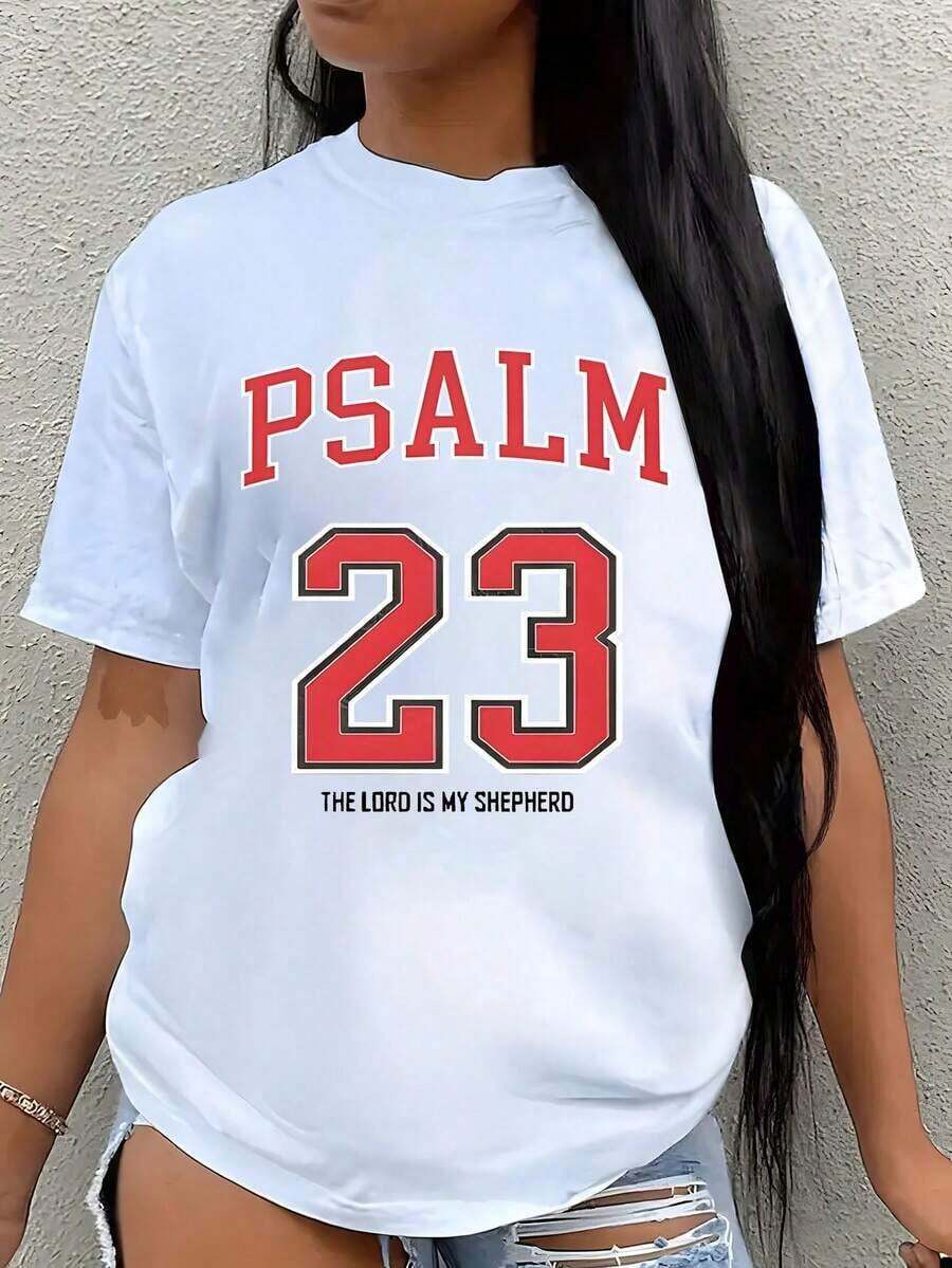 Women's Black Casual T-Shirt With Psalm 23 "The Lord Is My Shepherd" Print, Regular Short Sleeves And Round Neck, Comfortable Fabric With Slight Elasticity AVPE - 白色 - 查看 1