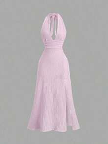 Vestido ajustado de un solo color con escote profundo en V, espalda descubierta y sensual abertura lateral - Pearl White - Ver 7