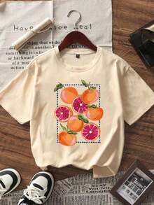 1 pieza de camiseta de manga corta con cuello redondo y estampado naranja, estilo casual de verano, moderna y versátil para mujer. - Albaricoque - Ver 3