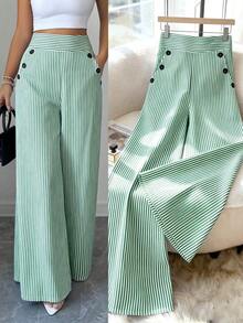 Nuevos pantalones de estilo coreano de primavera/verano, minimalistas y elegantes, de lino a rayas azul y blanco, de cintura alta, estilizadores, de pierna recta y sueltos, informales para mujer - Verde - Ver 2