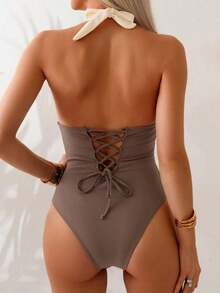 Traje de baño de una pieza con control de abdomen, estilo minimalista de unicolor, con escote halter y espalda descubierta, para vacaciones de verano en la playa - Multicolor 4 - Ver 7
