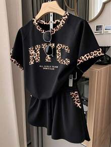 Conjunto de camiseta y pantalones cortos de verano con estampado de cereza y leopardo en patchwork - Azul marino - Ver 5
