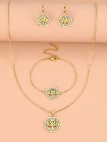 Set In Acciaio Inossidabile: Pendente A Forma Di Albero Del Denaro Con Dettagli Esclusivi Di Cristalli E Strass, Collana, Bracciale E Orecchini Come Regalo Di Nozze Per Donne - Dorato - Visualizzare 5