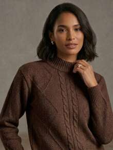 Women's Modal Knit Winter Blouse With Braided High Neck, Modern Style - Rust Brown - View 3