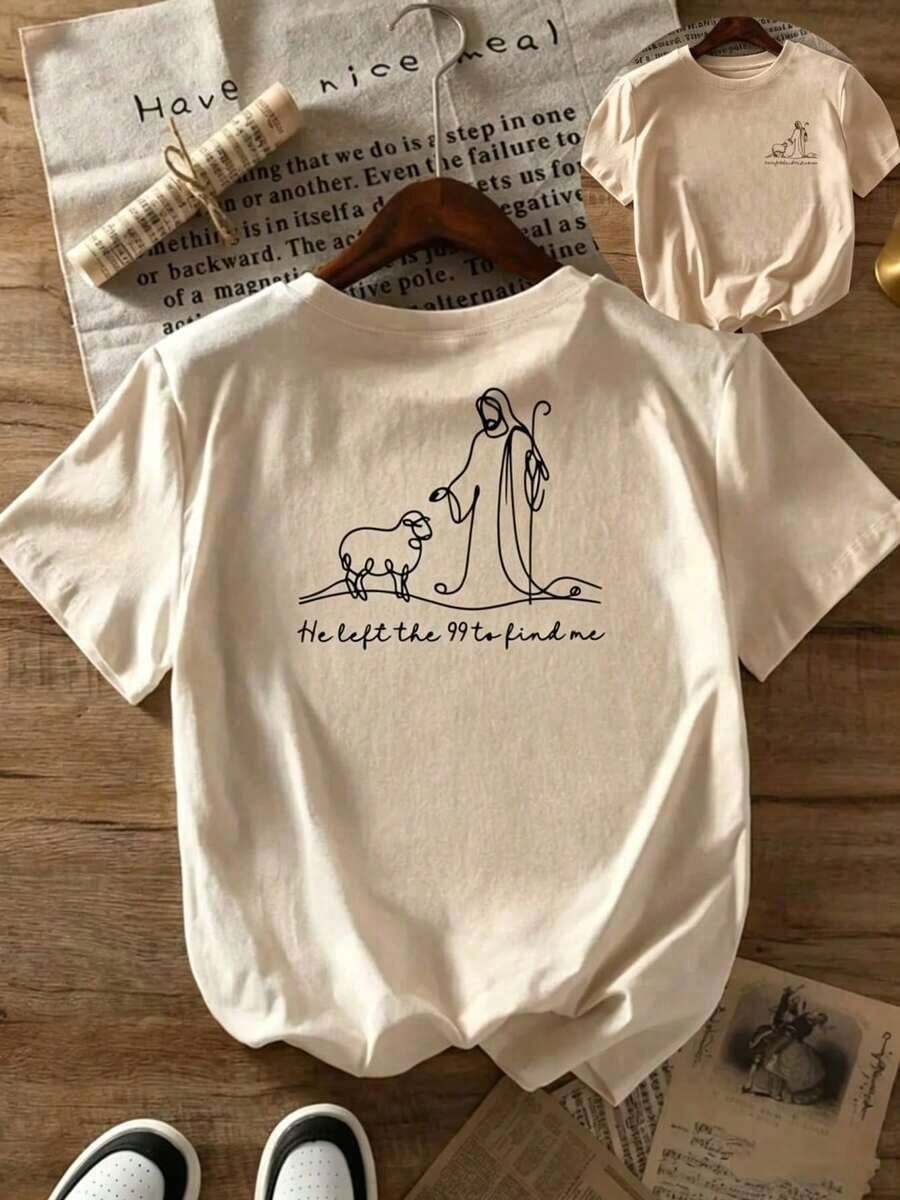| 1 Playera para Mujer 100% Algodón Transpirable| Camiseta de manga corta para mujer con estampado religioso - Jesús y el Cordero del Pastor con la frase "Dejó los 99 para encontrarme" (Mateo 18:12-14), cuello redondo, estilo casual para iglesia, atuendo informal y ropa religiosa - Ideal para el verano. - Albaricoque - Ver 1