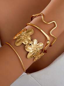 Ensemble de 4 bracelets à motif floral, européen et américain, manchette ouverte, design minimaliste et élégant. - Or jaune - Voir 1