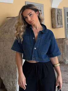 Chaqueta de manga corta de mezclilla con doble bolsillo para mujer, casual, de verano - Azul lavado oscuro - Ver 7