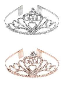 Diadema de Corona con Corazón de Strass para Graduación, Tocado Brillante para Fiesta de Graduación, Accesorio para el Cabello Elástico Ajustable - Multicolor - Ver 8