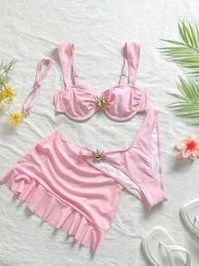 Conjunto de traje de baño tipo tankini de 3 piezas de unicolor, diseño de tirantes anchos con aros para un soporte cómodo, estilo de playa de moda, perfecto para fiestas de playa y piscina en verano Blanco - Rosa - Ver 3