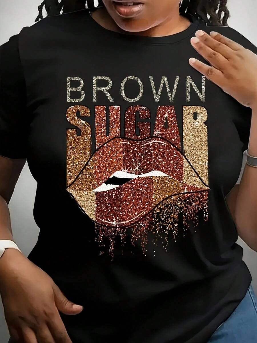 Camiseta de Mujer con Estampado de Labios Brillantes "Brown Sugar" | Camiseta casual de manga corta y cuello redondo, 95% algodón y 5% mezcla de tela, longitud regular, lavable a máquina, adecuada para todas las estaciones. - Negro - Ver 1