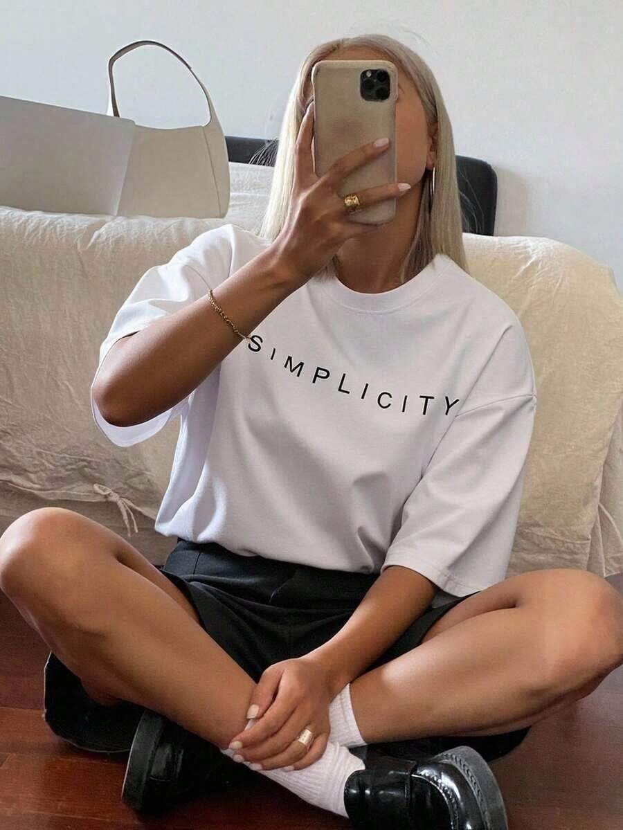 Camiseta de manga corta de cuello redondo con estampado de letras de corte holgado SIMPLICITY de verano - Multicolor - Ver 1