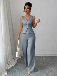 Conjunto de camiseta sin mangas y pantalones elegante para mujer, estilo de oficina y transporte, atuendo de otoño para maestros - Gris - Ver 5