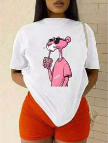 Dama Casual-shirt gráfico pantera rosa relajada cuello redondo manga corta primavera/verano uso diario playera TA0K - Blanco - Ver 11