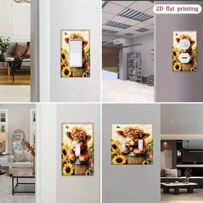 1 pieza [Impreso en 2D] Placa de interruptor de pared con girasol vibrante y vaca de las tierras altas, panel de interruptor artístico, material de plástico duradero, no se requiere instalación eléctrica, esencial para la decoración del hogar
