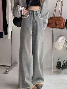 Jeans acampanados desgastados con bolsillos en sesgo, casual de primavera - gris verde - Ver 5