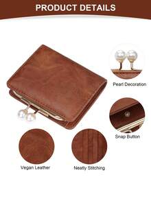 MIYIN Women's Cute Faux Pearl Kisslock PU Trifold Wallet With Credit Card Slots And ID Window, Holds Credit Cards/ID/Cash/Coins, Lightweight And Portable, Suitable For Women, Girls, Teens, Students, Great Gift For Her, Wallet, Clutch, Small Purse - Brown - View 11