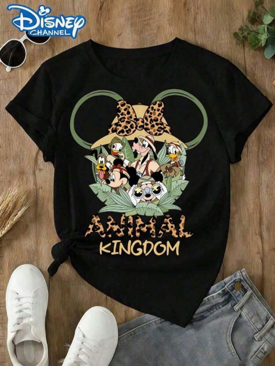 Officially Authorized Disney And Disney Animal Kingdom Leopard Print Minnie Mouse Pattern T-Shirt For Women's Casual Short Sleeved Top, Printed Casual Short Sleeved Top, Women's Casual Oversized Top, Women's Casual Loose Top, Summer Streetwear, Birthday Gift Shirt, Amusement Park Home Matching Shirt, Text Shirt, Retro Style Amusement Park Travel Shirt, Family Vacation Shirt, Casual Loose T-Shirt. Soft And Breathable Fabric Is Suitable For Themed Activities, Made Of Soft, Comfortable, And Durable Materials. Spring And Summer Women's Round Neck T-Shirt Is Perfect For Going Out/Daily Wear/Summer, Shopping, Parties, Traveling, And Gatherings. It Is Also An Exquisite Classic Sportswear And Women's Summer Outfit, With A White Top - 黑色 - 查看 1