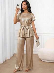 Lady Conjunto de dos piezas de mujer con top de manga corta y pantalones rectos sueltos, de unicolor, tela jacquard casual y elegante, cintura suelta y bajo en A. Apto para usar en primavera, verano y otoño. Atuendos de oficina, de vuelta al colegio, de iglesia, de salida y modestos para el aeropuerto. - Dorado - Ver 3
