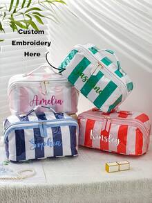1pc Customizable Large Capacity Portable Travel Toiletry Bag, Makeup Organizer Bag, Personalized Name Letter, Multi-Color Striped, Double Zipper Wide Opening, Skincare Cosmetics Storage, Travel Makeup Bag - Multicolor - View 1