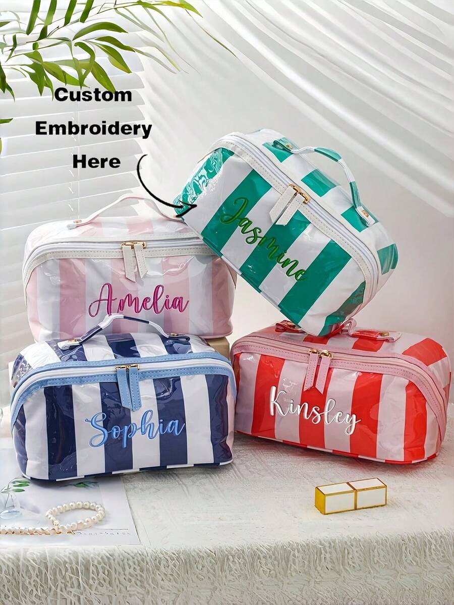 1pc Customizable Large Capacity Portable Travel Toiletry Bag, Makeup Organizer Bag, Personalized Name Letter, Multi-Color Striped, Double Zipper Wide Opening, Skincare Cosmetics Storage, Travel Makeup Bag - Multicolor - View 1