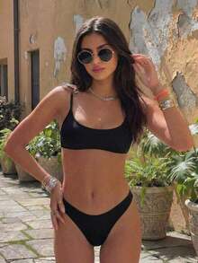 Conjunto de traje de baño para mujer, minimalista y elegante en magenta + multicolor, traje de baño casual y versátil para resort de playa - Negro - Ver 4