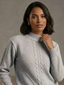 Women's Modal Knit Winter Blouse With Braided High Neck, Modern Style - Light Grey - View 3