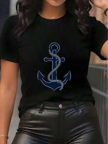 Camiseta con Gráfico de Ancla Náutica para Mujer 2026 - Blanca y Azul Marino, Camiseta Marítima, Tela Suave y Transpirable para Playa, Navegación, Uso Diario Casual - Regalos para Marineras, Camisetas para Cruceros, Ropa de Navegación, Detalle de Nudo, Camiseta Ligera, Blusa Elegante, para Amantes del Estilo Marinero. Holgada y Cómoda. Tops Casuales Cómodos-J - Negro - Ver 5