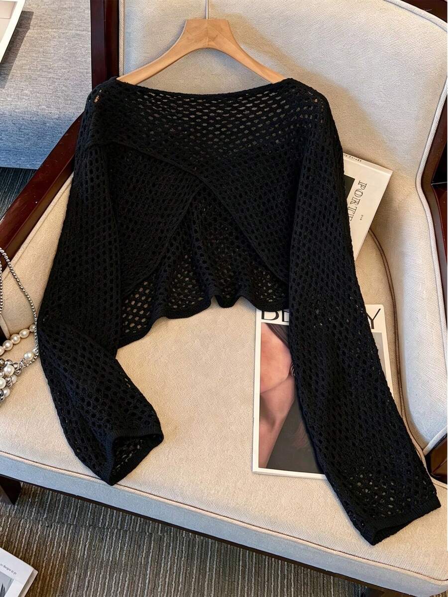 女款長袖鏤空針織套頭罩衫,初秋風格,正反兩面可穿,純色,休閒度假沙灘罩衫 - 黑色 - 查看 1
