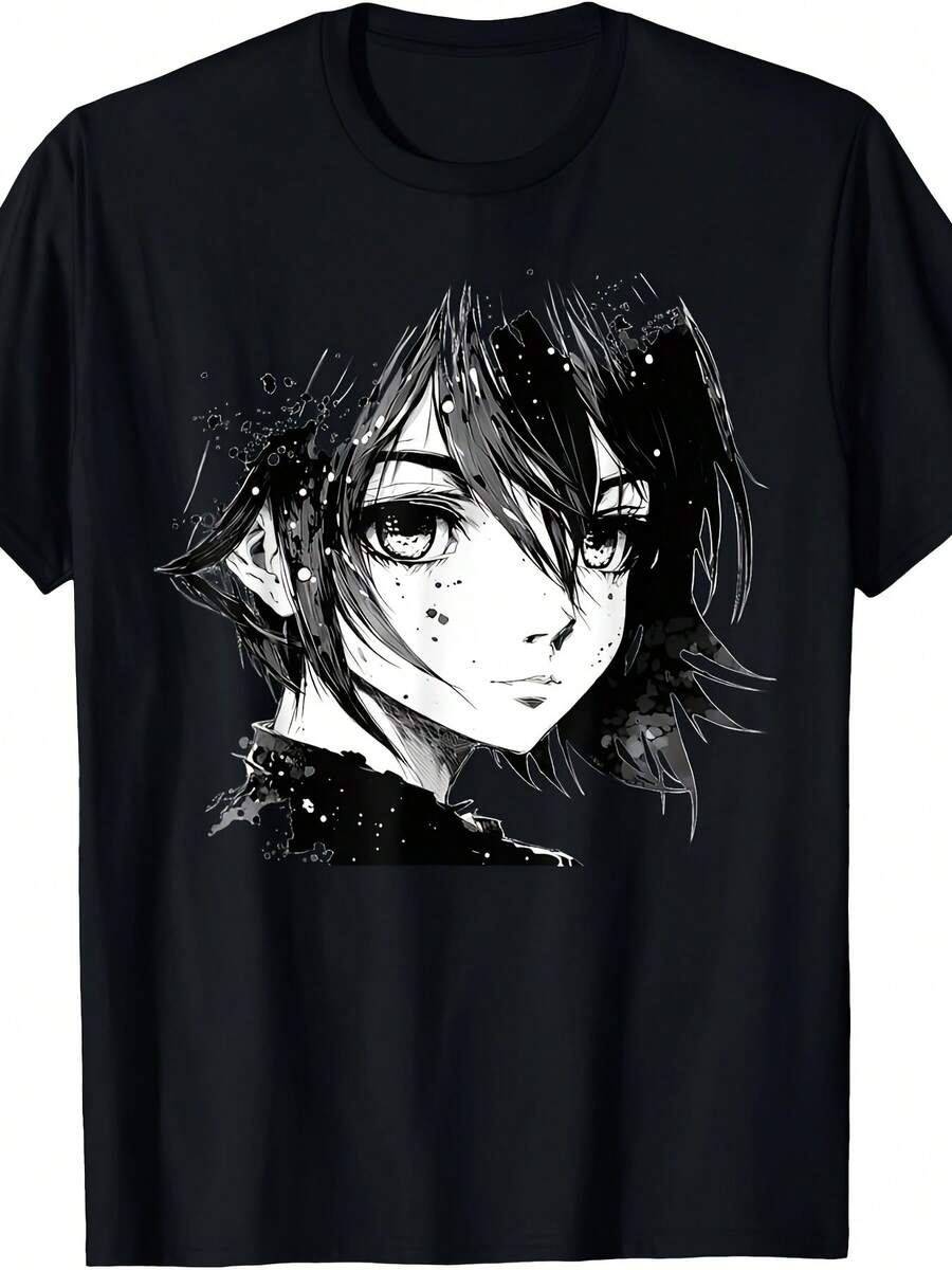 Camiseta de con Estampado Gráfico de Anime - Manga Corta, Cuello Redondo, Estilo Casual con Salpicaduras de Pintura Blanca, Ligera para Verano y Primavera, Lavable a Máquina, Camiseta de Anime, Ropa Casual, Camiseta de Corte Relajado, Ropa Cómoda, Camiseta Y2k - Negro - Ver 1