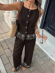 Conjunto casual de 2 piezas con blusa de un solo pecho con estampado floral y pantalones de pierna ancha para mujer - Burdeos - Ver 6