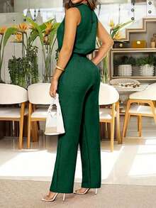 de 2 piezas de top sin mangas y pantalones largos casuales y elegantes con bolsillo diagonal y detalles de botones para mujer, para verano - Verde Oscuro - Ver 2