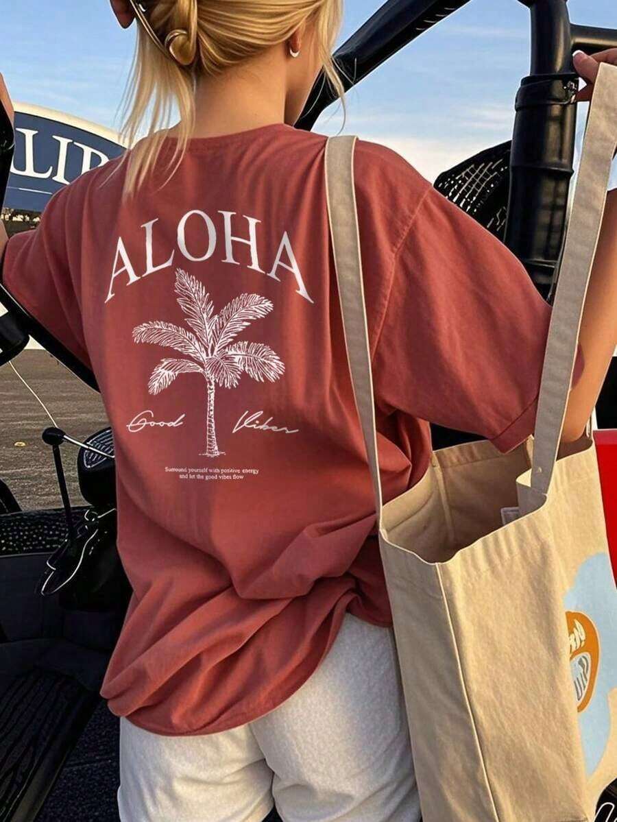 Camiseta de manga corta con cuello redondo y estampado de palmeras para mujer, estilo casual y moderno, tu prenda esencial diaria.Camiseta con Estampado, Tops para Mujer, Vacaciones de Verano - Rojo ladrillo - Ver 1