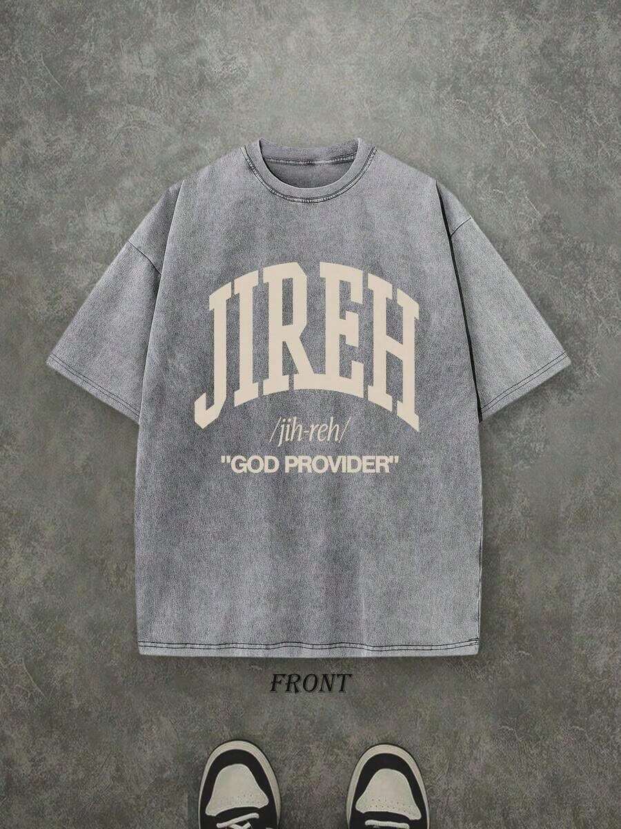 Retro Washed T-Shirt With Single-Sided Print (230g Pure Cotton T-Shirt) With 'JIREH GOD PROVIDER' Letter And Pattern Print, Christian Gift, T-Shirt, Casual Shirt, Comfortable And Fashionable T-Shirt, Urban Cotton Style - 灰色 - 查看 1