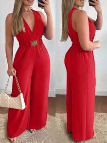 Elegante mono de pierna ancha con escote en V cruzado, hebilla de metal en la cintura, para mujeres en vacaciones - Rojo - Ver 1
